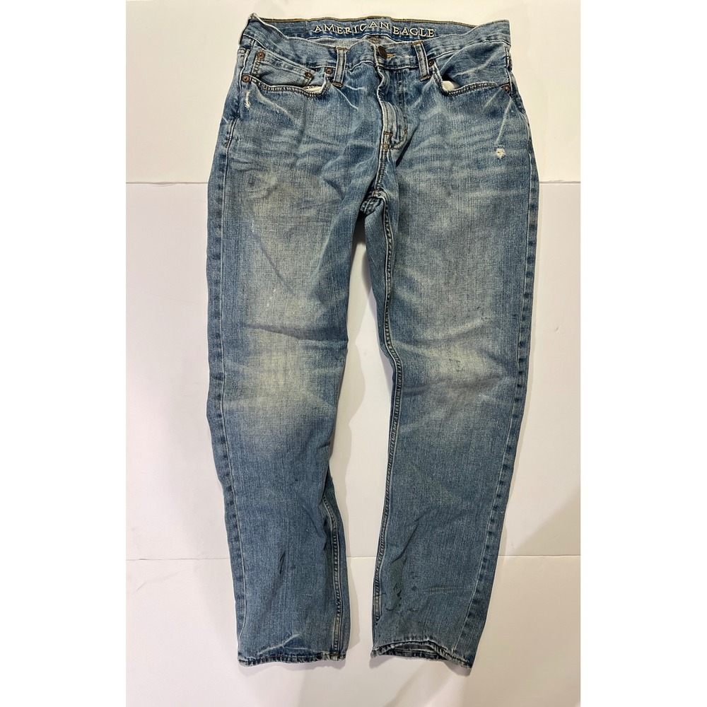 American Eagle Mens Slim Straight Light Wash Blue Denim Jeans 32x34 Distressed